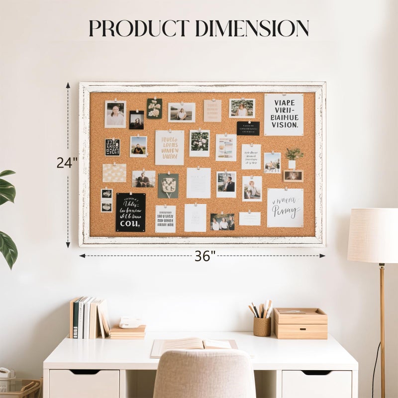 QUEENLINK Cork Board Bulletin Board, 36" x 24" Corkboard for Wall, Rustic White Wooden Frame, Hanging Pin Board for Home & Office Decor, 10 Push Pins - Image 3
